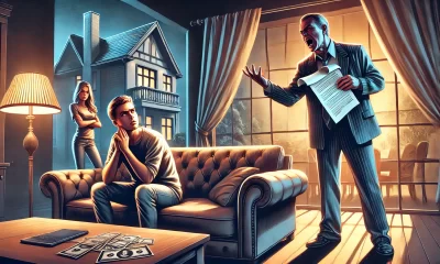 A wide illustration depicting a tense and dramatic confrontation in a living room setting. A young adult is sitting on a couch, looking shocked and fr.