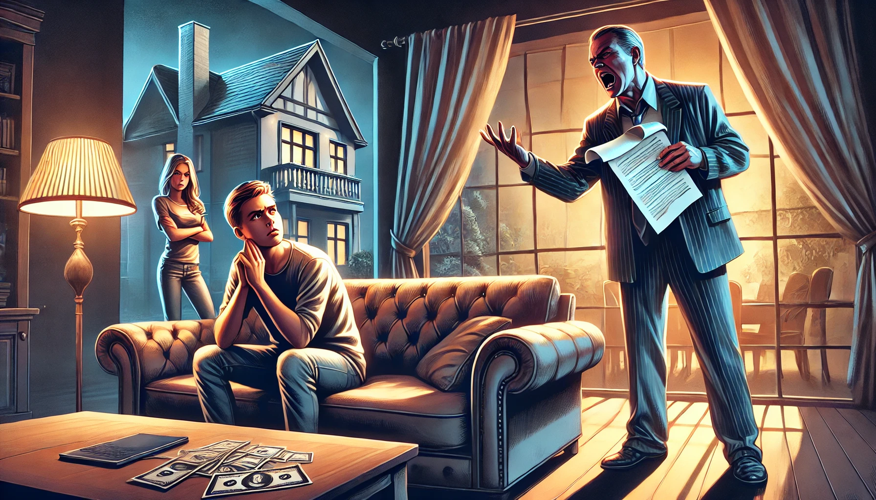 A wide illustration depicting a tense and dramatic confrontation in a living room setting. A young adult is sitting on a couch, looking shocked and fr.