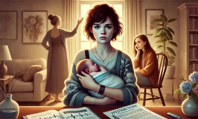 A compelling and emotional digital painting capturing the tension of a family dispute. The image shows a young mother holding a newborn baby in her ar