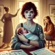 A compelling and emotional digital painting capturing the tension of a family dispute. The image shows a young mother holding a newborn baby in her ar