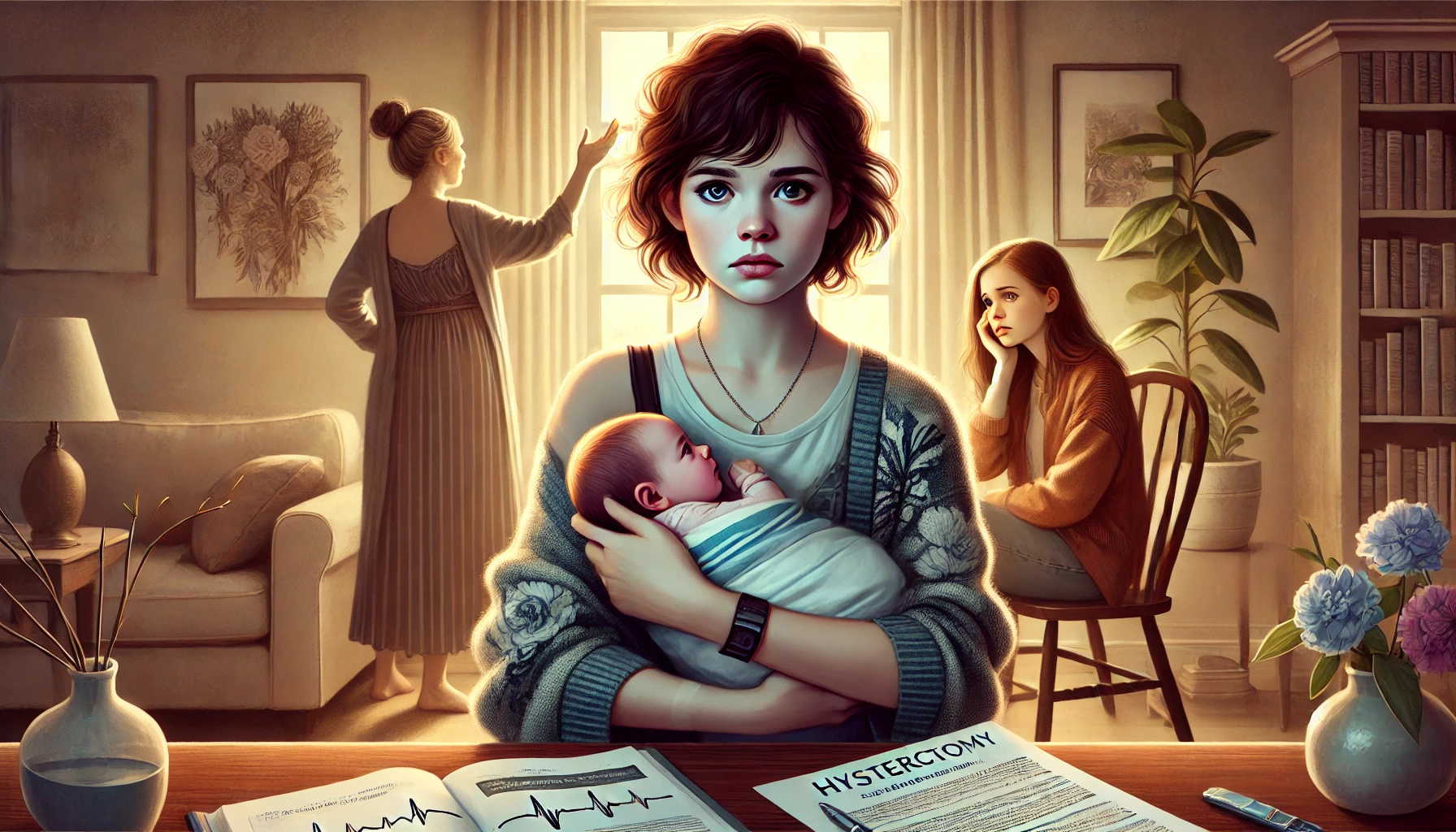 A compelling and emotional digital painting capturing the tension of a family dispute. The image shows a young mother holding a newborn baby in her ar