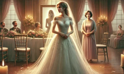 A poignant and emotional digital painting depicting a wedding scene with a bittersweet tone. In the foreground, a young bride in a beautiful wedding d.