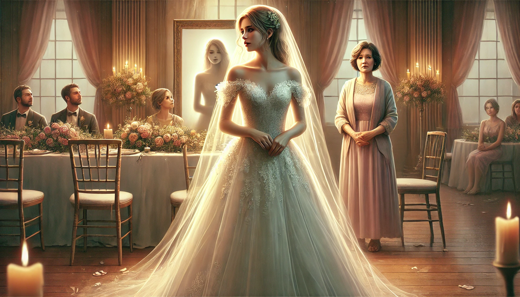 A poignant and emotional digital painting depicting a wedding scene with a bittersweet tone. In the foreground, a young bride in a beautiful wedding d.