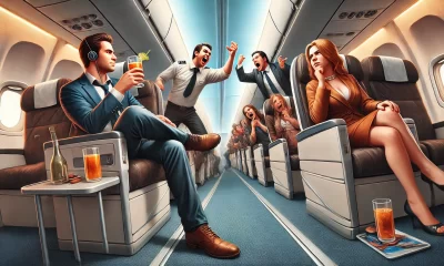 A humorous and dramatic digital painting depicting a scene on an airplane. In the foreground, a calm passenger is seated in first class, sipping a dri.