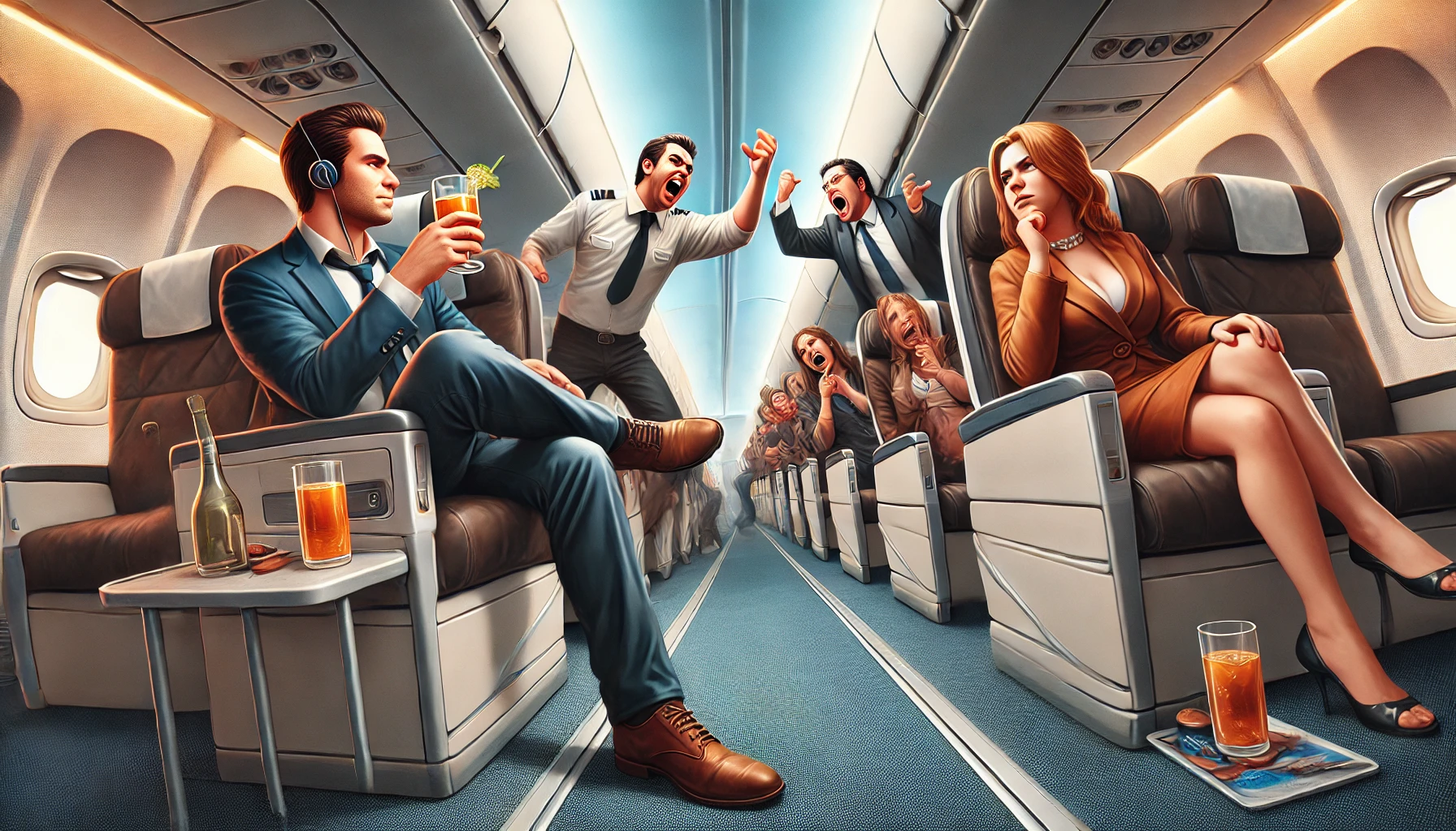 A humorous and dramatic digital painting depicting a scene on an airplane. In the foreground, a calm passenger is seated in first class, sipping a dri.