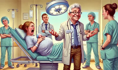 A humorous and slightly exaggerated digital painting of a chaotic delivery room scene. A man confidently standing with a 'know-it-all' expression is e.