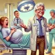 A humorous and slightly exaggerated digital painting of a chaotic delivery room scene. A man confidently standing with a 'know-it-all' expression is e.