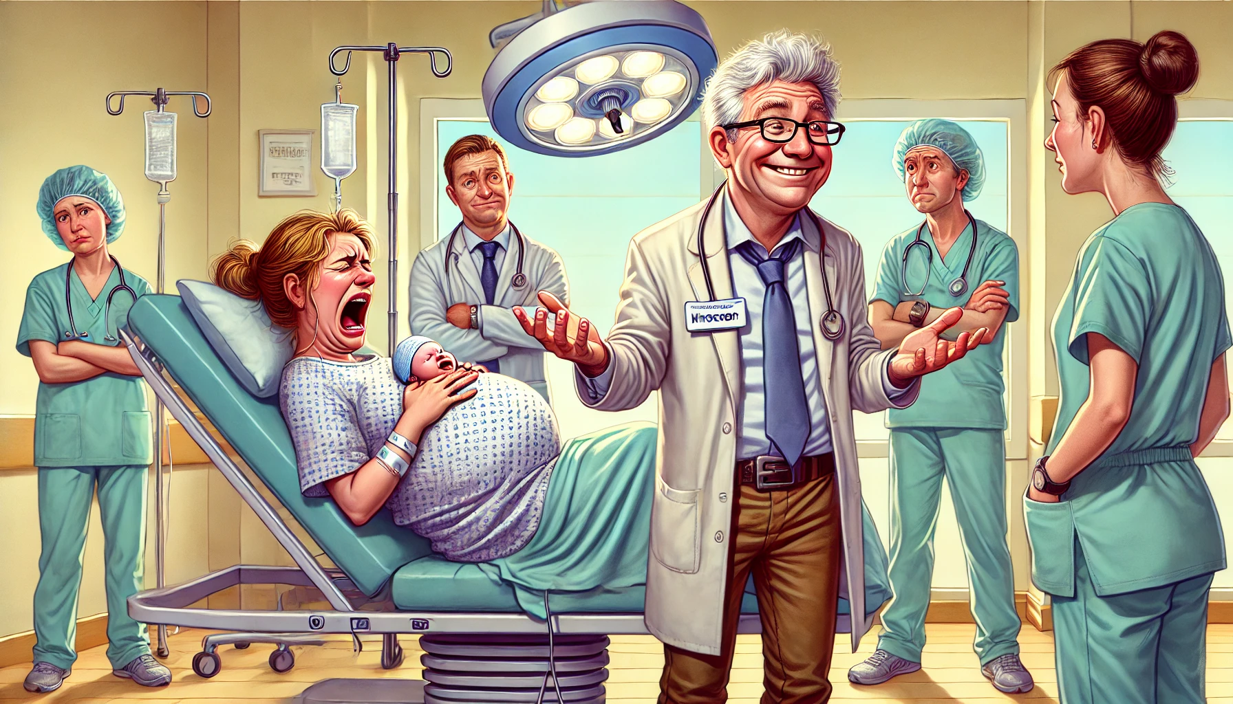 A humorous and slightly exaggerated digital painting of a chaotic delivery room scene. A man confidently standing with a 'know-it-all' expression is e.