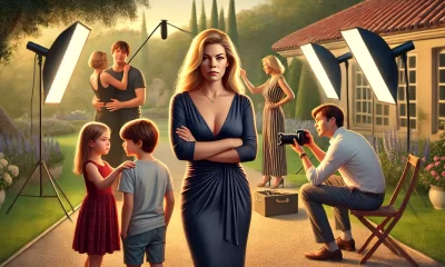 A realistic digital painting depicting a family photo shoot scene with emotional tension. In the foreground, a confident mother stands protectively wi