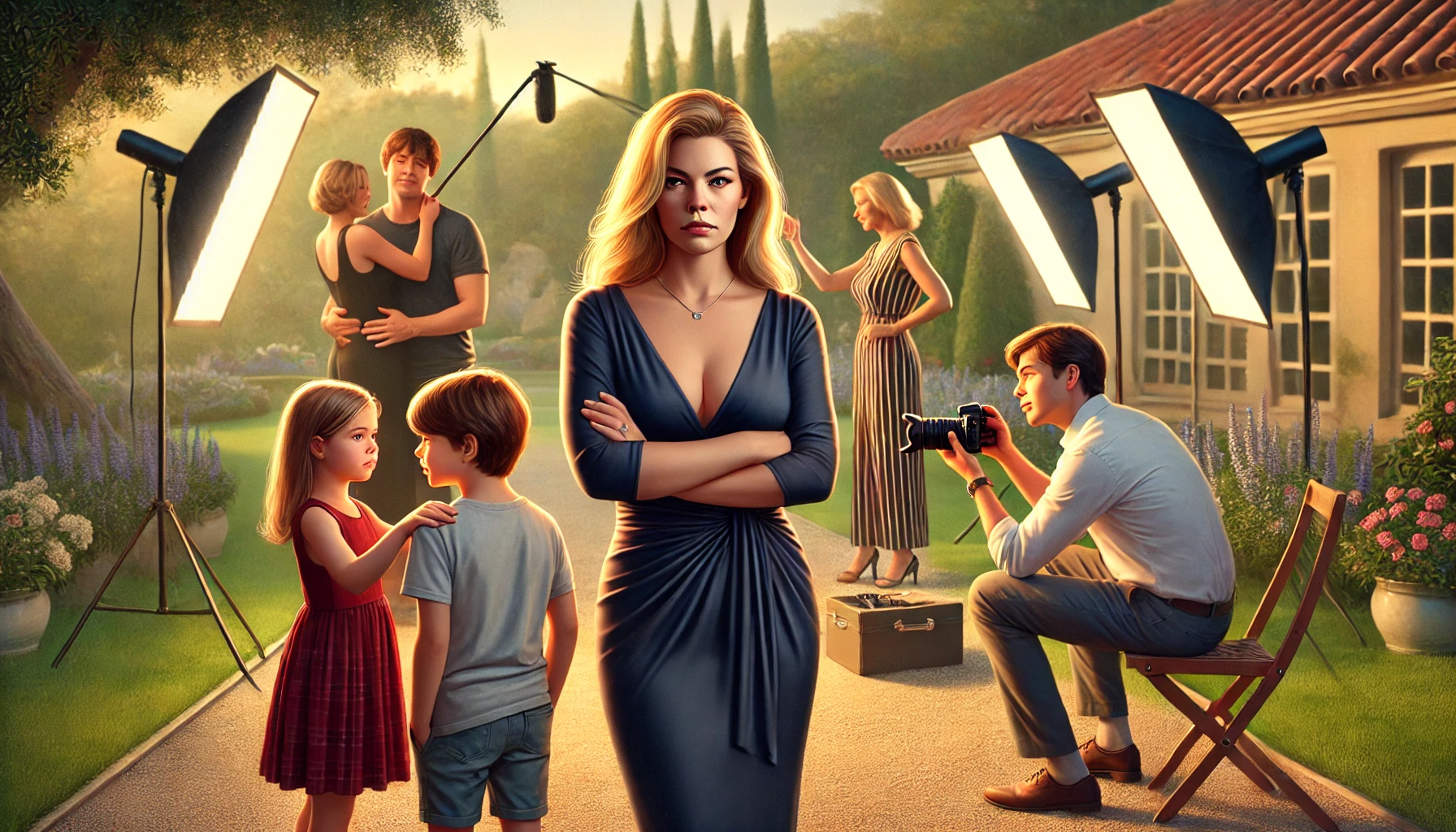 A realistic digital painting depicting a family photo shoot scene with emotional tension. In the foreground, a confident mother stands protectively wi