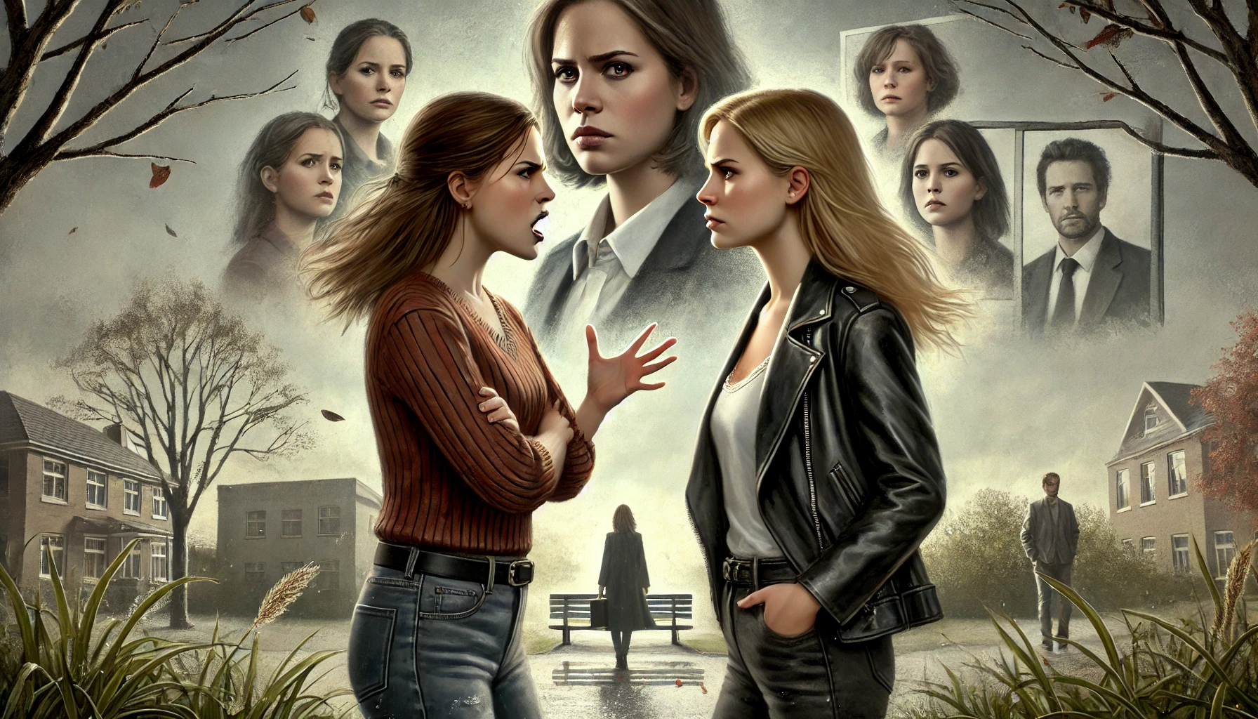 A dramatic digital painting showing the emotional moment of a friendship ending. In the foreground, two women stand facing each other; one looks angry