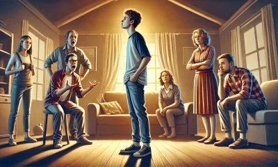 A dramatic and emotional illustration of a young adult standing up to their family, depicted in a living room setting. The family members are shown in