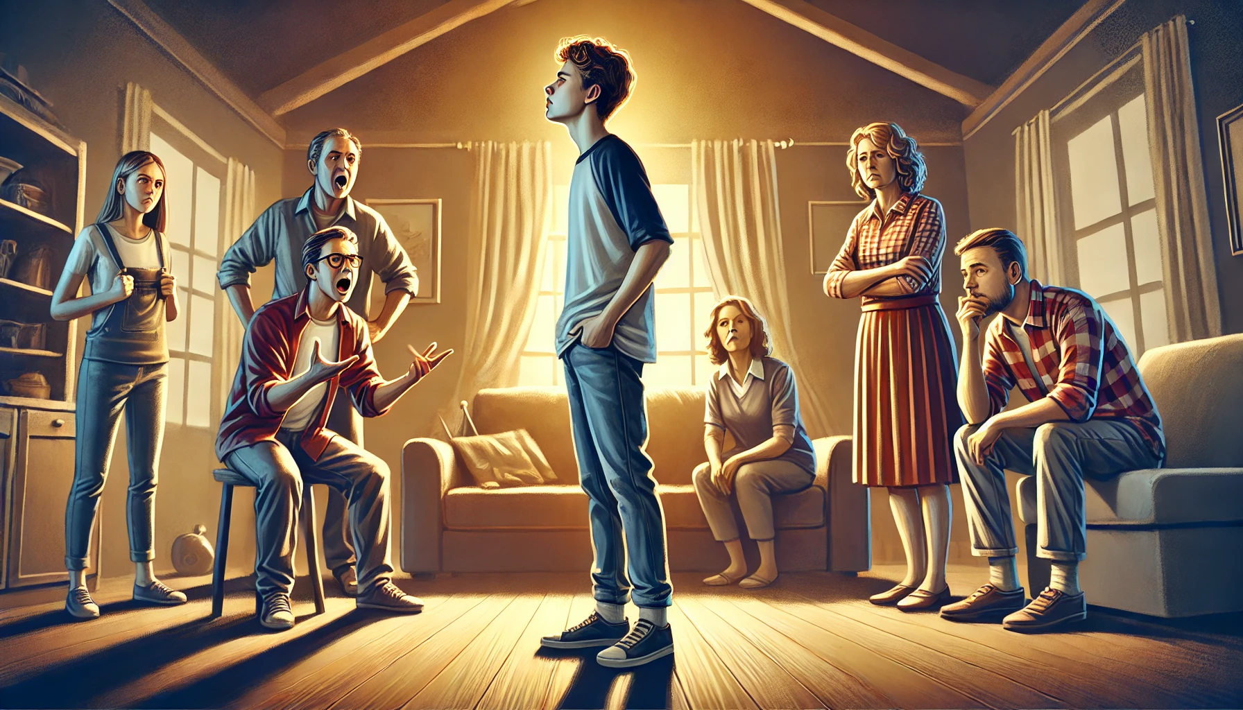 A dramatic and emotional illustration of a young adult standing up to their family, depicted in a living room setting. The family members are shown in