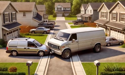 A-humorous-and-slightly-tense-scene-depicting-a-suburban-driveway-conflict.-A-large-van-is-parked-blocking-a-driveway-and-in-retaliation-another-ve.