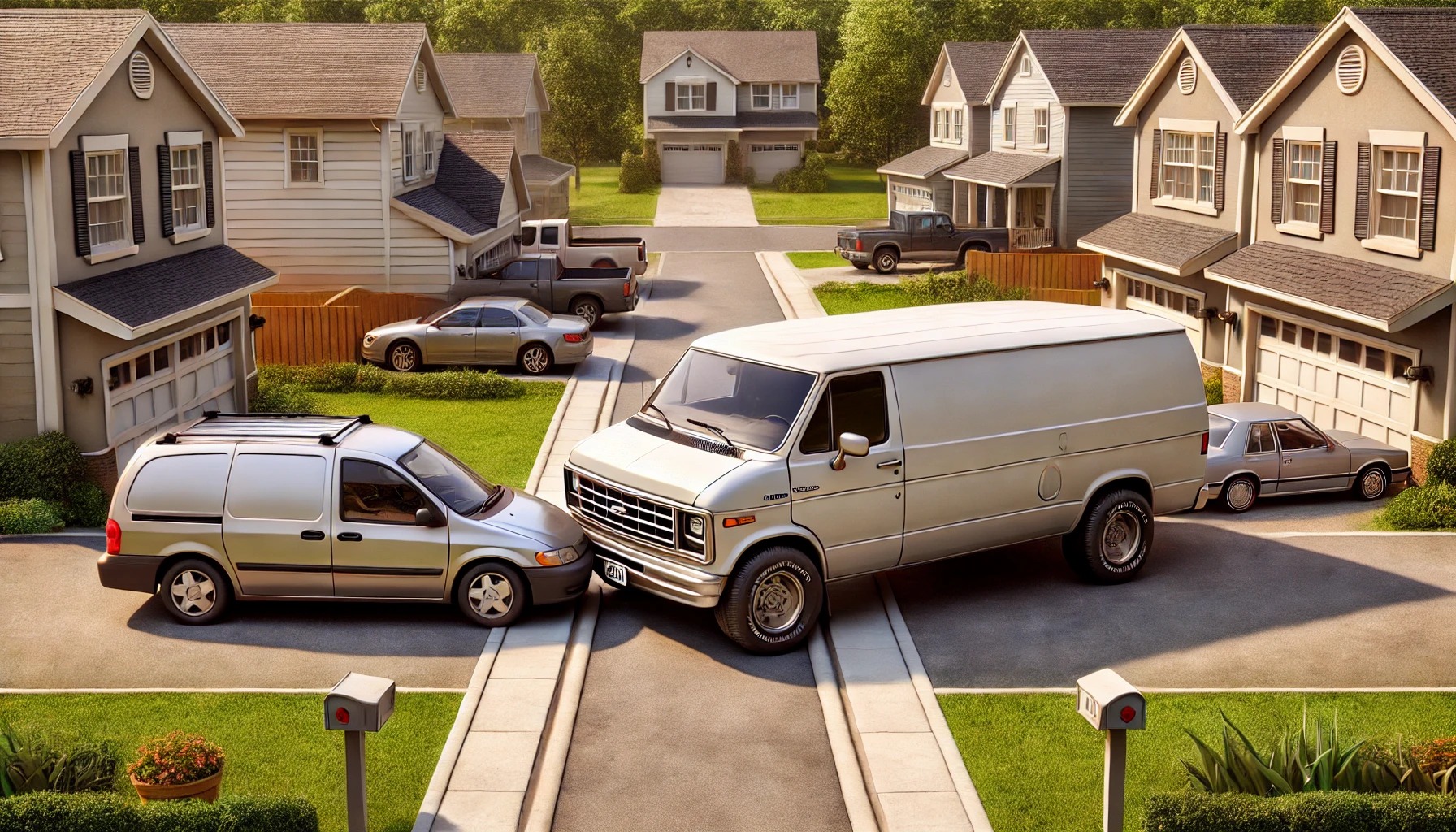 A-humorous-and-slightly-tense-scene-depicting-a-suburban-driveway-conflict.-A-large-van-is-parked-blocking-a-driveway-and-in-retaliation-another-ve.