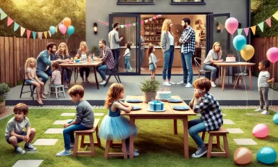 A family conflict scene in a modern suburban backyard during a birthday party. The atmosphere is tense, with one group of children happily playing