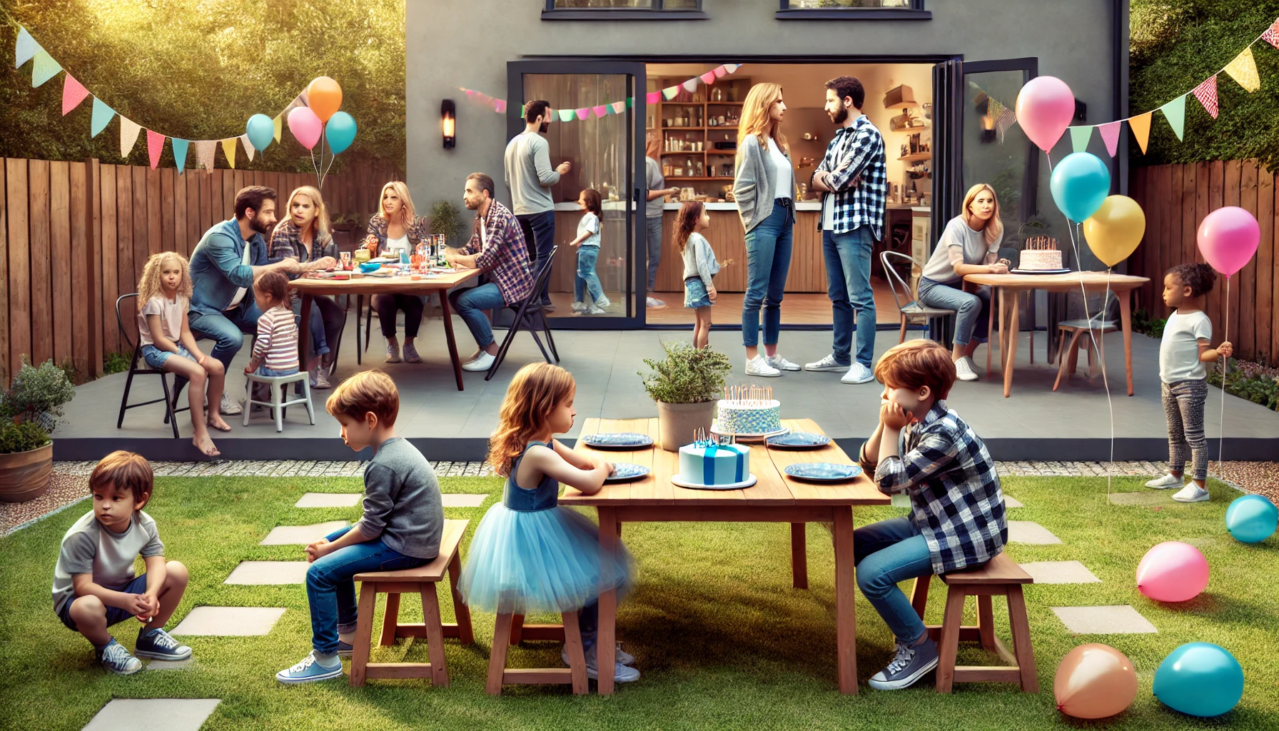 A family conflict scene in a modern suburban backyard during a birthday party. The atmosphere is tense, with one group of children happily playing