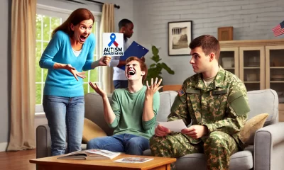 - A humorous and slightly awkward scene where a young person is sitting in a living room, their mother gesturing dramatically while holding a brochure