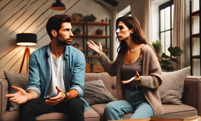 A tense and awkward scene of a couple having a heated conversation in a cozy living room. The woman, visibly frustrated, is gesturing emphatically wh