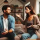 A tense and awkward scene of a couple having a heated conversation in a cozy living room. The woman, visibly frustrated, is gesturing emphatically wh