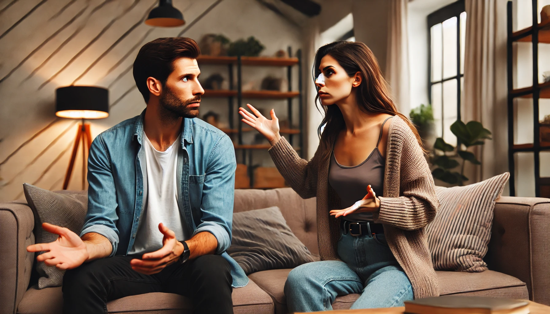 A tense and awkward scene of a couple having a heated conversation in a cozy living room. The woman, visibly frustrated, is gesturing emphatically wh