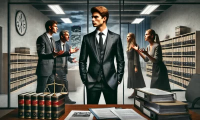 A dramatic and symbolic scene depicting a young professional lawyer in a sharp suit standing confidently in a modern office. On the other side of a gl