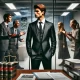 A dramatic and symbolic scene depicting a young professional lawyer in a sharp suit standing confidently in a modern office. On the other side of a gl