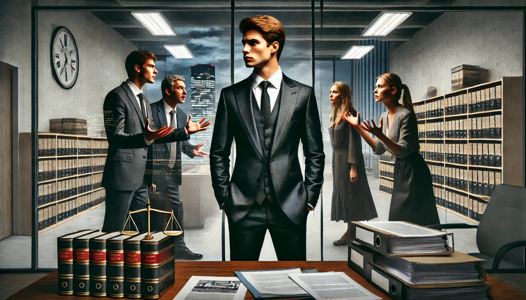 A dramatic and symbolic scene depicting a young professional lawyer in a sharp suit standing confidently in a modern office. On the other side of a gl