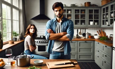 tense domestic scene in a modern kitchen where a husband stands with a frustrated expression, arms crossed, while a wife sits at the dining table lo