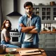 tense domestic scene in a modern kitchen where a husband stands with a frustrated expression, arms crossed, while a wife sits at the dining table lo