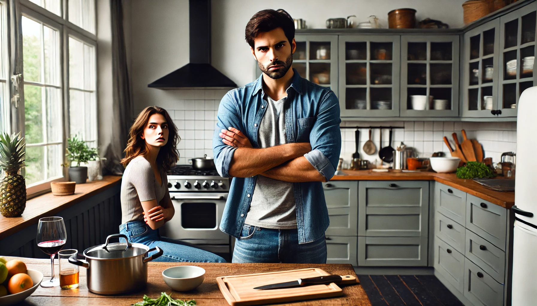 tense domestic scene in a modern kitchen where a husband stands with a frustrated expression, arms crossed, while a wife sits at the dining table lo