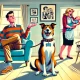 A humorous and dramatic illustration showing a person with their dog sitting proudly beside them, the dog's collar prominently displaying its name. Op