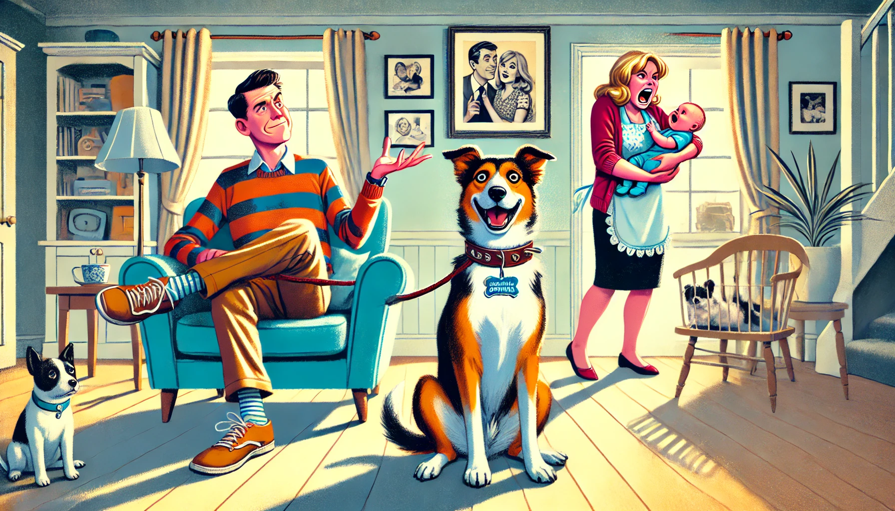 A humorous and dramatic illustration showing a person with their dog sitting proudly beside them, the dog's collar prominently displaying its name. Op