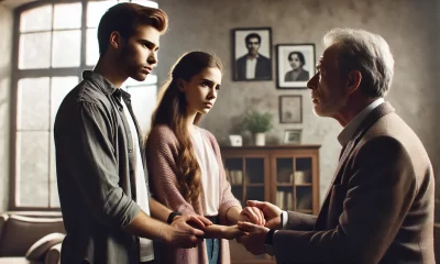 A dramatic and emotional scene showing a young couple holding hands and discussing their chosen baby name, while an older man looks visibly upset and .