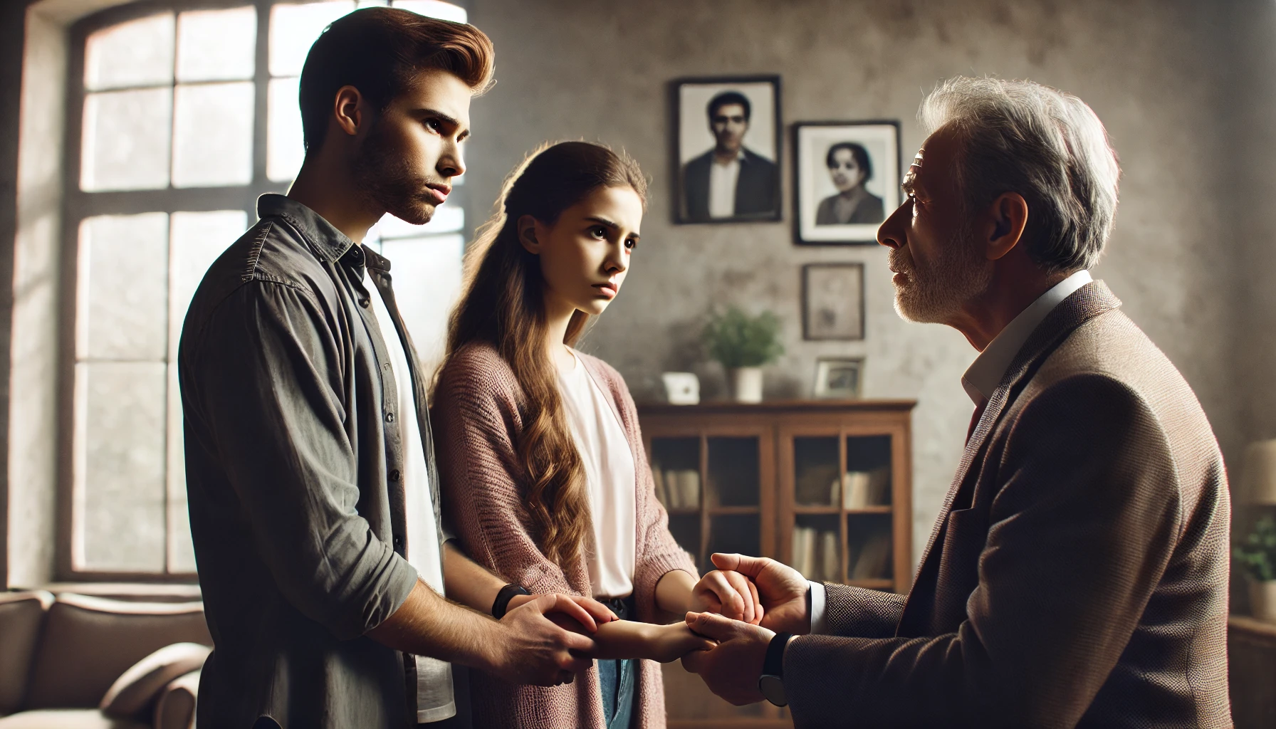 A dramatic and emotional scene showing a young couple holding hands and discussing their chosen baby name, while an older man looks visibly upset and .