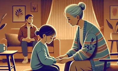 An emotional and tender illustration of a woman kneeling down to comfort a young girl, who is teary-eyed but hopeful. The setting is a cozy living roo.