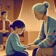 An emotional and tender illustration of a woman kneeling down to comfort a young girl, who is teary-eyed but hopeful. The setting is a cozy living roo.