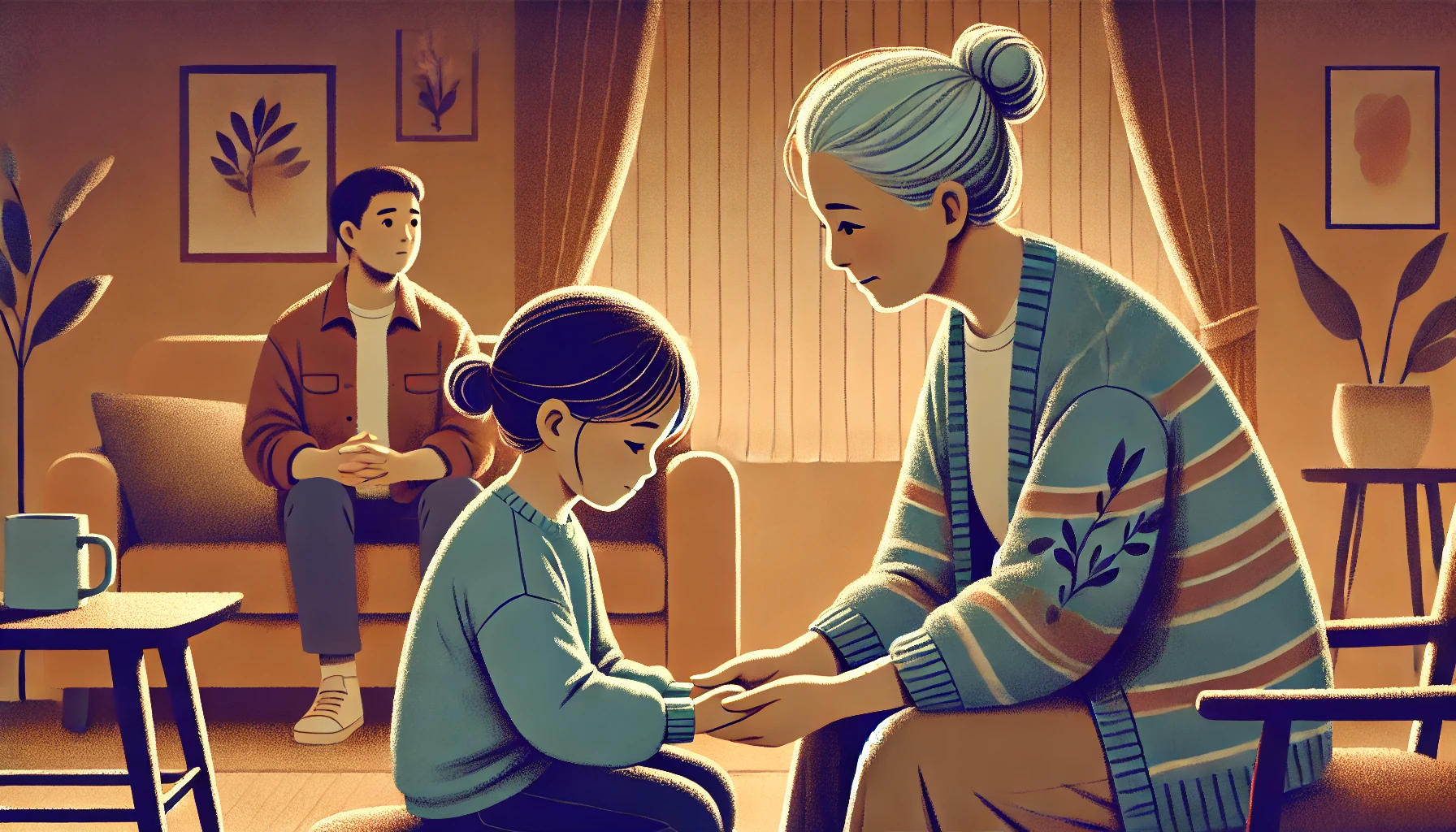 An emotional and tender illustration of a woman kneeling down to comfort a young girl, who is teary-eyed but hopeful. The setting is a cozy living roo.