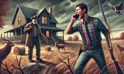 A dramatic and intense illustration of a rural scene showing a neighbor angrily calling the police while gesturing towards a man in hunting gear walk