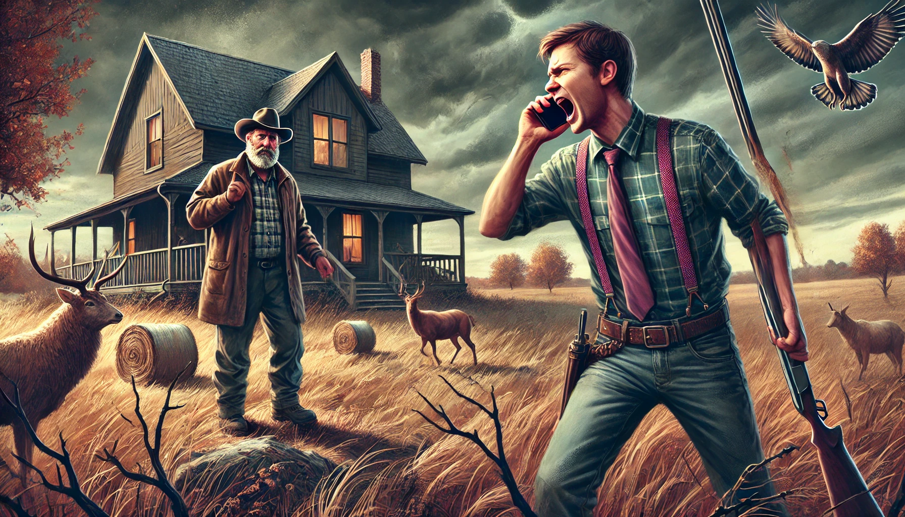 A dramatic and intense illustration of a rural scene showing a neighbor angrily calling the police while gesturing towards a man in hunting gear walk