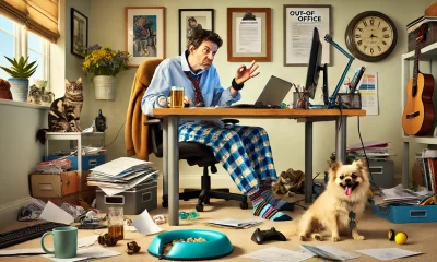 A humorous and relatable depiction of a work-from-home scenario. The image shows a person sitting at their desk in a home office, visibly dressed in c