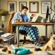 A humorous and relatable depiction of a work-from-home scenario. The image shows a person sitting at their desk in a home office, visibly dressed in c