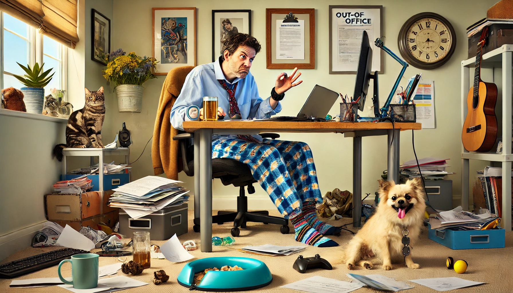 A humorous and relatable depiction of a work-from-home scenario. The image shows a person sitting at their desk in a home office, visibly dressed in c