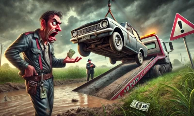 A dramatic and exaggerated illustration of a tense encounter with a tow truck company. The scene depicts a tow truck driver, animated with an overly a