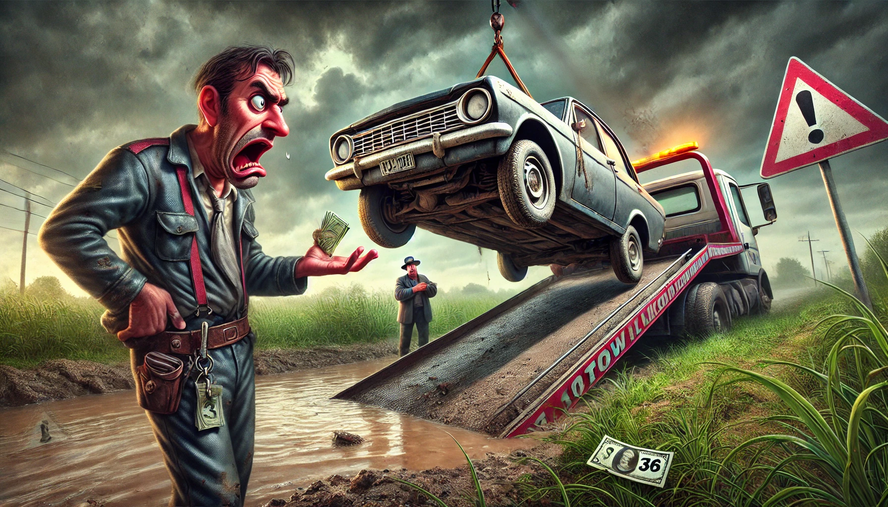 A dramatic and exaggerated illustration of a tense encounter with a tow truck company. The scene depicts a tow truck driver, animated with an overly a