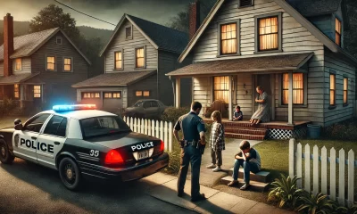 A dramatic scene depicting a suburban neighborhood where a concerned neighbor has called the police on another neighbor for leaving children home alon