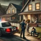 A dramatic scene depicting a suburban neighborhood where a concerned neighbor has called the police on another neighbor for leaving children home alon