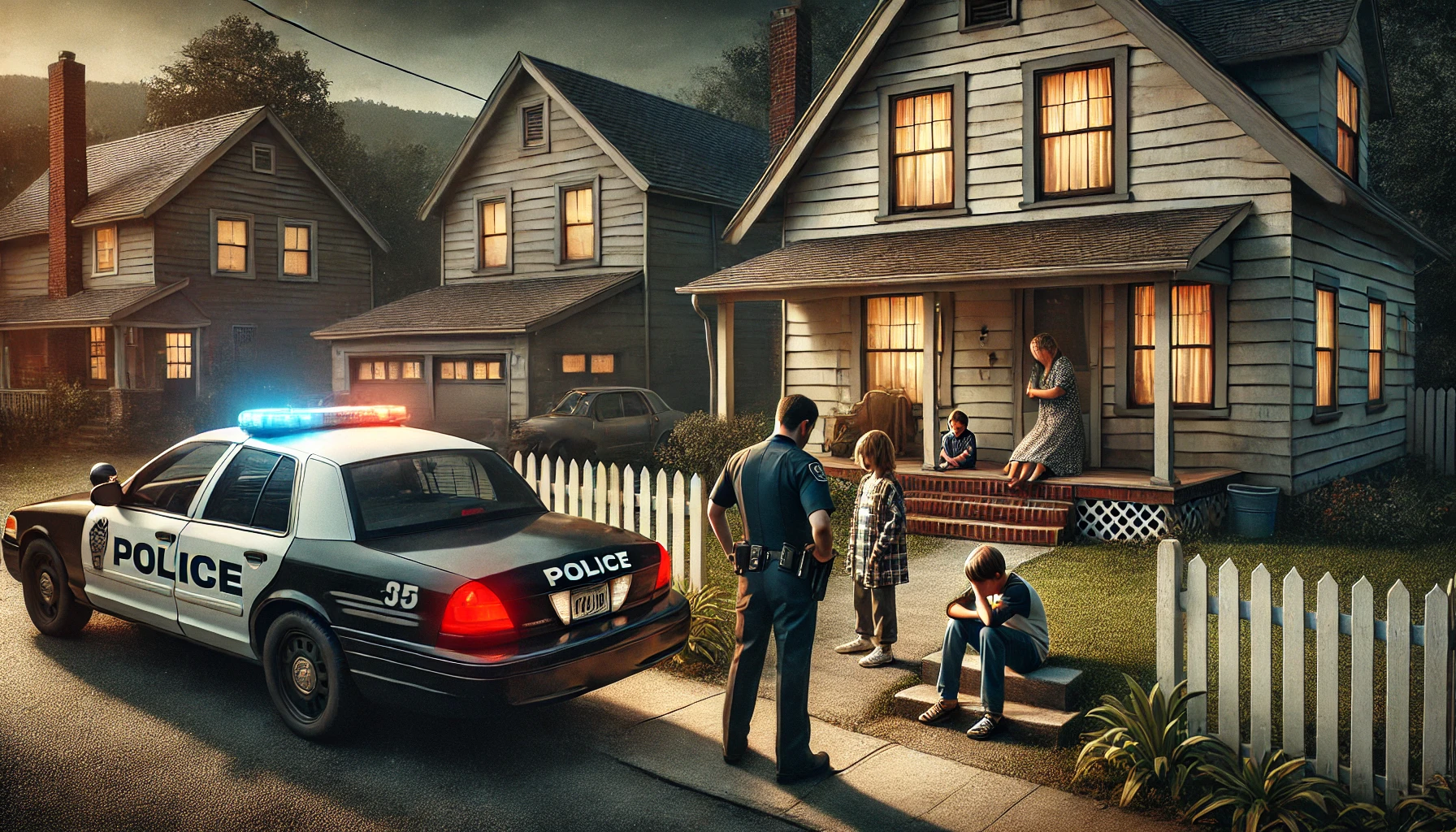 A dramatic scene depicting a suburban neighborhood where a concerned neighbor has called the police on another neighbor for leaving children home alon