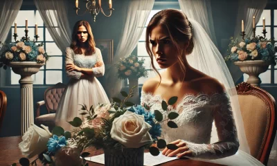 A dramatic and emotional scene depicting a wedding preparation setting where tension is evident. The foreground shows a bride looking determined yet