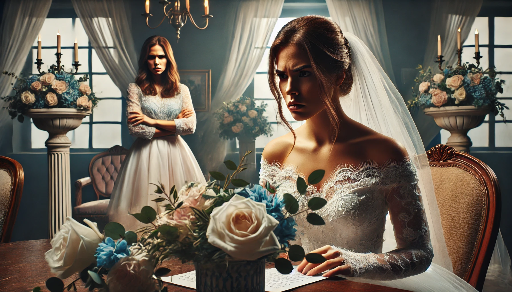 A dramatic and emotional scene depicting a wedding preparation setting where tension is evident. The foreground shows a bride looking determined yet